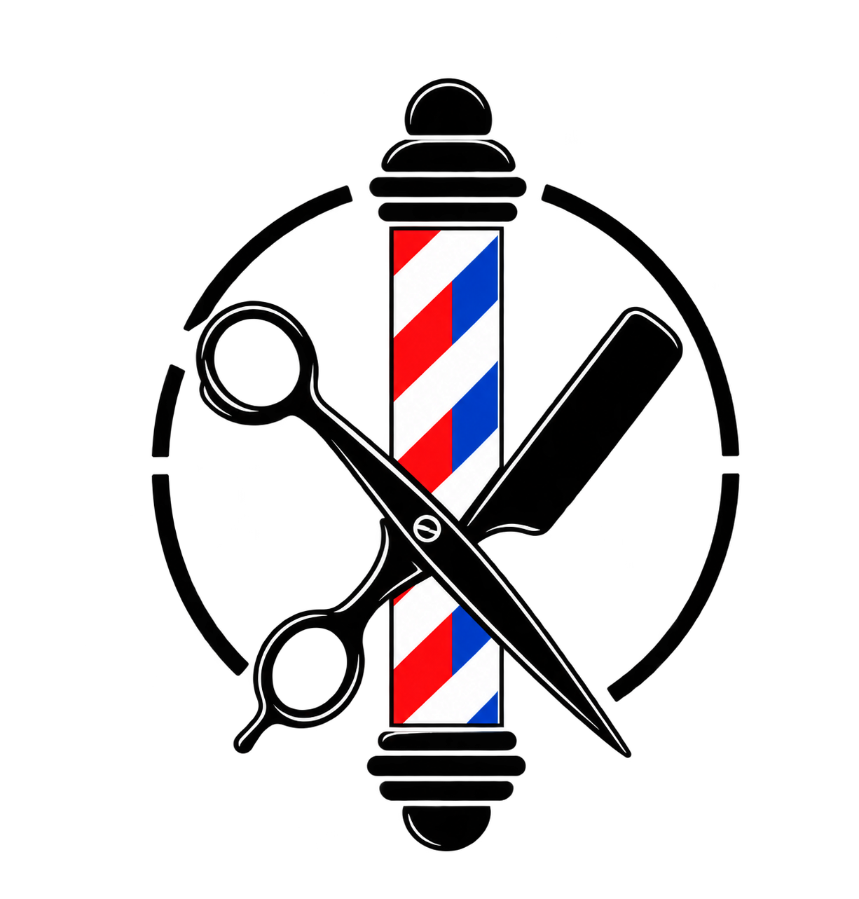 The Barbershop ADL. barber pole, scissors and razor emblem